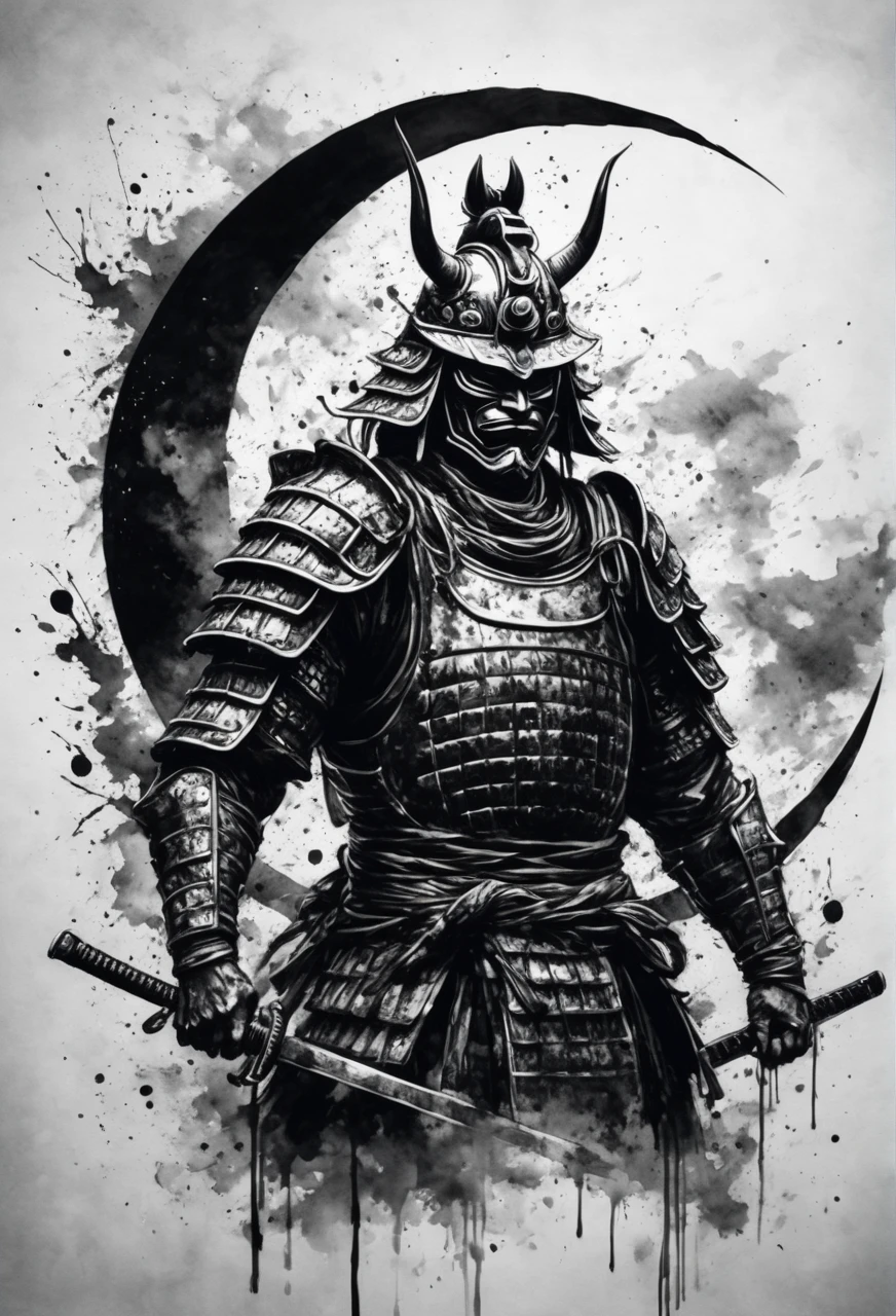 a muscular warrior wearing samurai armor, hannya face mask, and the armor and helmet of Oda Nobunaga, drawing a crescent moon with brush splashes, black and white ink painting, photorealistic, hyper detailed, 8k, masterpiece