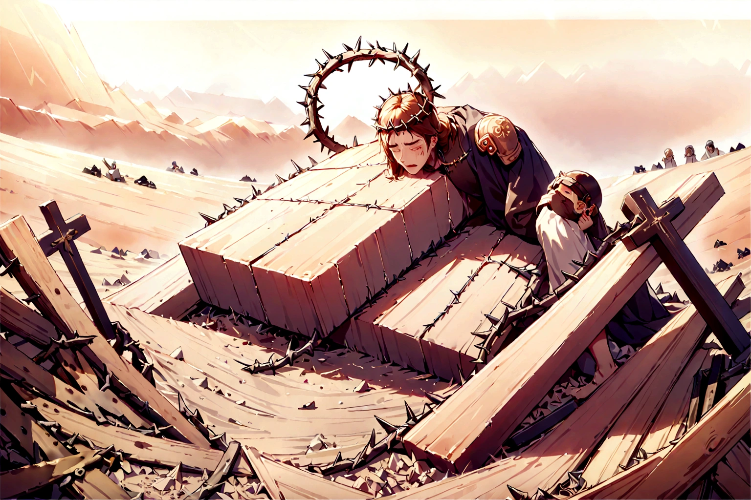 "Create a poignant and powerful scene depicting Jesus carrying the cross. Place Jesus in the foreground, showing his expression of pain and determination as he bears the heavy wooden cross on his shoulders. His clothes should be tattered and worn, with a crown of thorns on his head. walking heavily going to mount calvary.