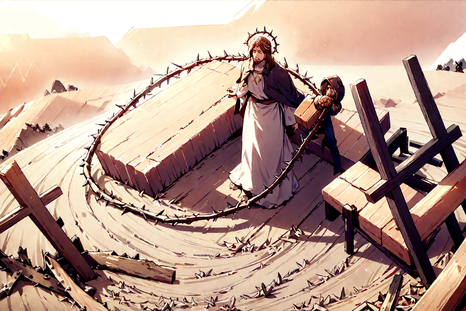 "Create a poignant and powerful scene depicting Jesus carrying the cross. Place Jesus in the foreground, showing his expression of pain and determination as he bears the heavy wooden cross on his shoulders. His clothes should be tattered and worn, with a crown of thorns on his head. walking heavily going to mount calvary.