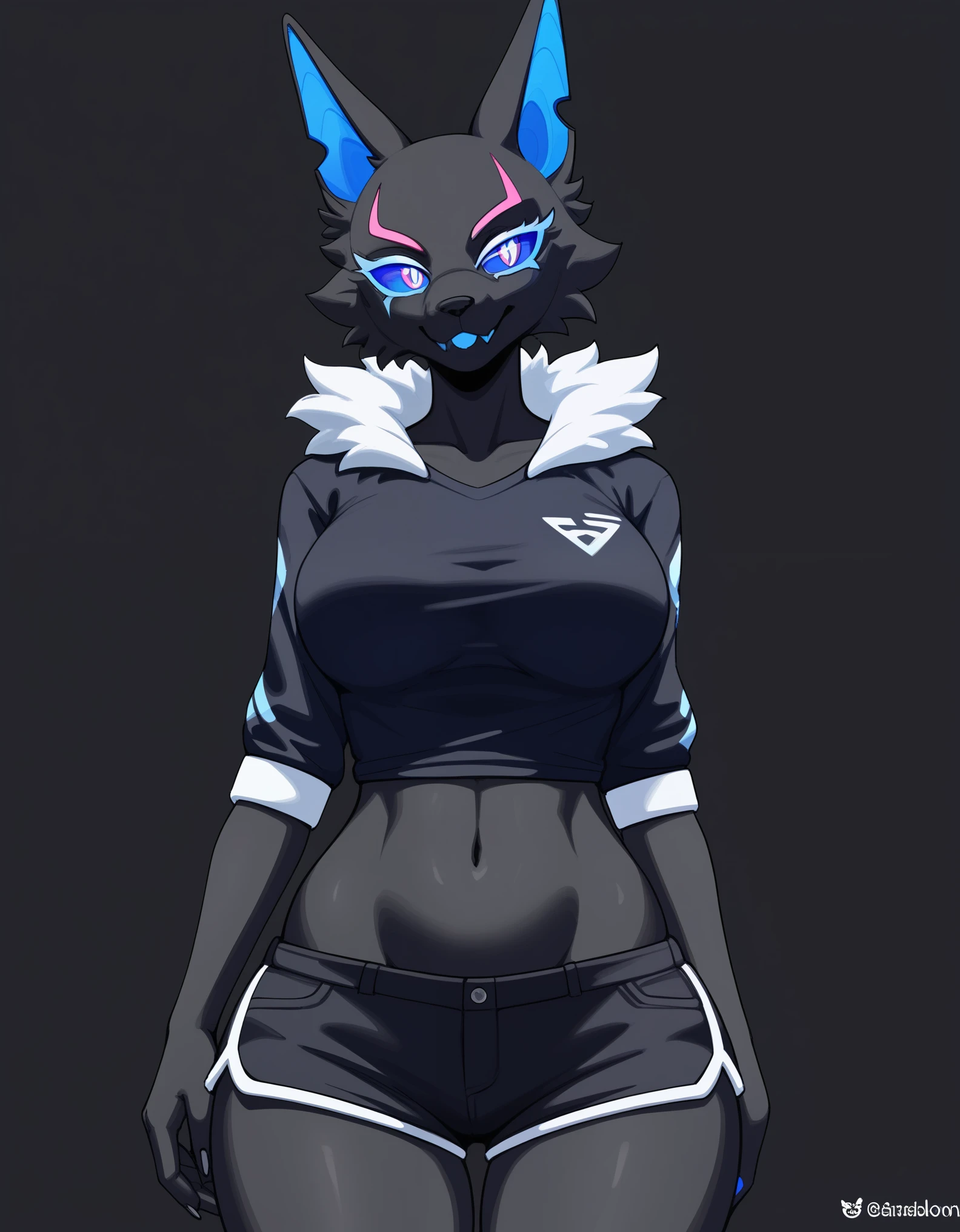 Anthro, furry female, blue inner ear, black fur, black body, blue sclera, wearing black t shirt, black short shorts, tall and curvy, grinning, simple white background, flat colors, 