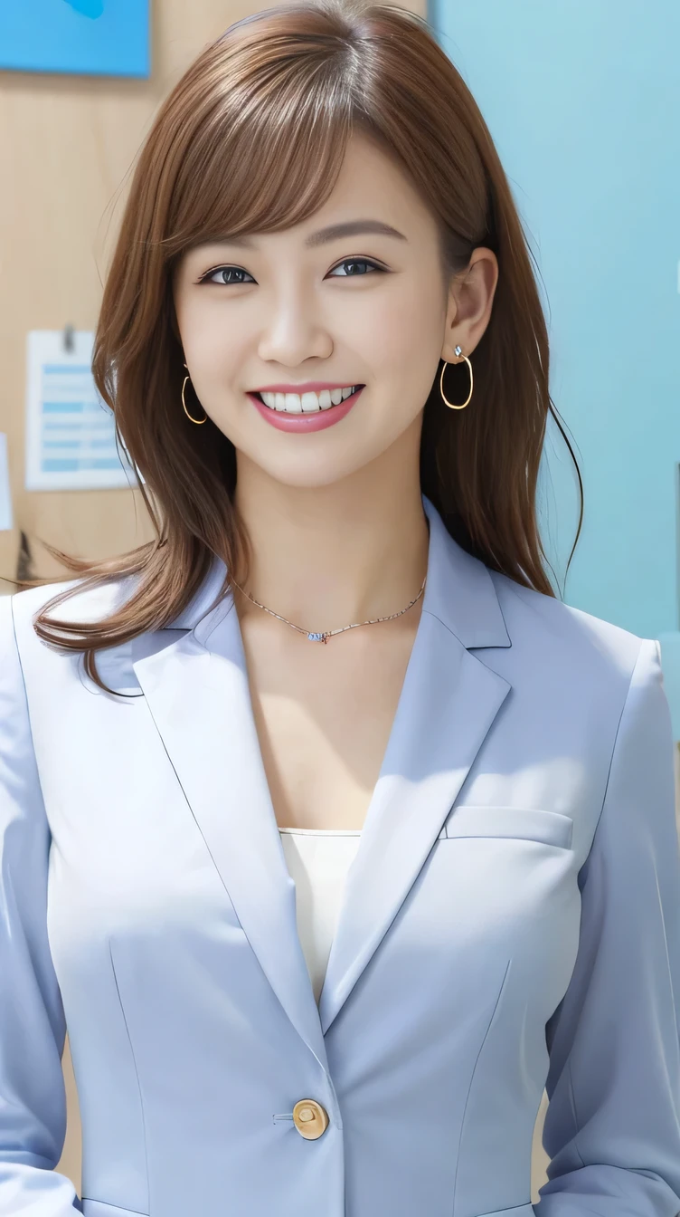 Highest quality:1.2), RAW Photos, High resolution, Very detailed, Intricate details,、Brown Hair、hairstyle semi long、ear piercing、smile、Emphasis on teeth、, (Front view, ), Clear beauty, Necklace around the neck、,, (High quality fabric, Office Lady Suits、Jacket、Unbuttoned white shirt） 、Detailed face, indoor,
