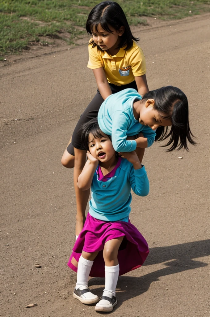 7 girl and 14 years playing in the heavy rain in front of the house .
