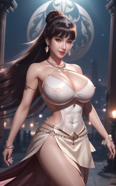 1 Girl, Mature female, Big breasts and big buttocks, night, Looking at the audience, Jewelry, Hair accessories, Hammerhead, Long hair, skirt, Necklace,Bare shoulders,A sexy and beautiful ancient style sister。There is a strong smell of dust on the body。With a flattering smile on his face。Naked breasts,Huge filled with milk,Hips up,Cleavage,Plump and slender thighs。The upper body is a cloth pocket and the lower body is a gauze skirt, no outer clothes are needed,Then add some more dramatic dance moves in 32k HD live action photography style。Highlight a plump figure