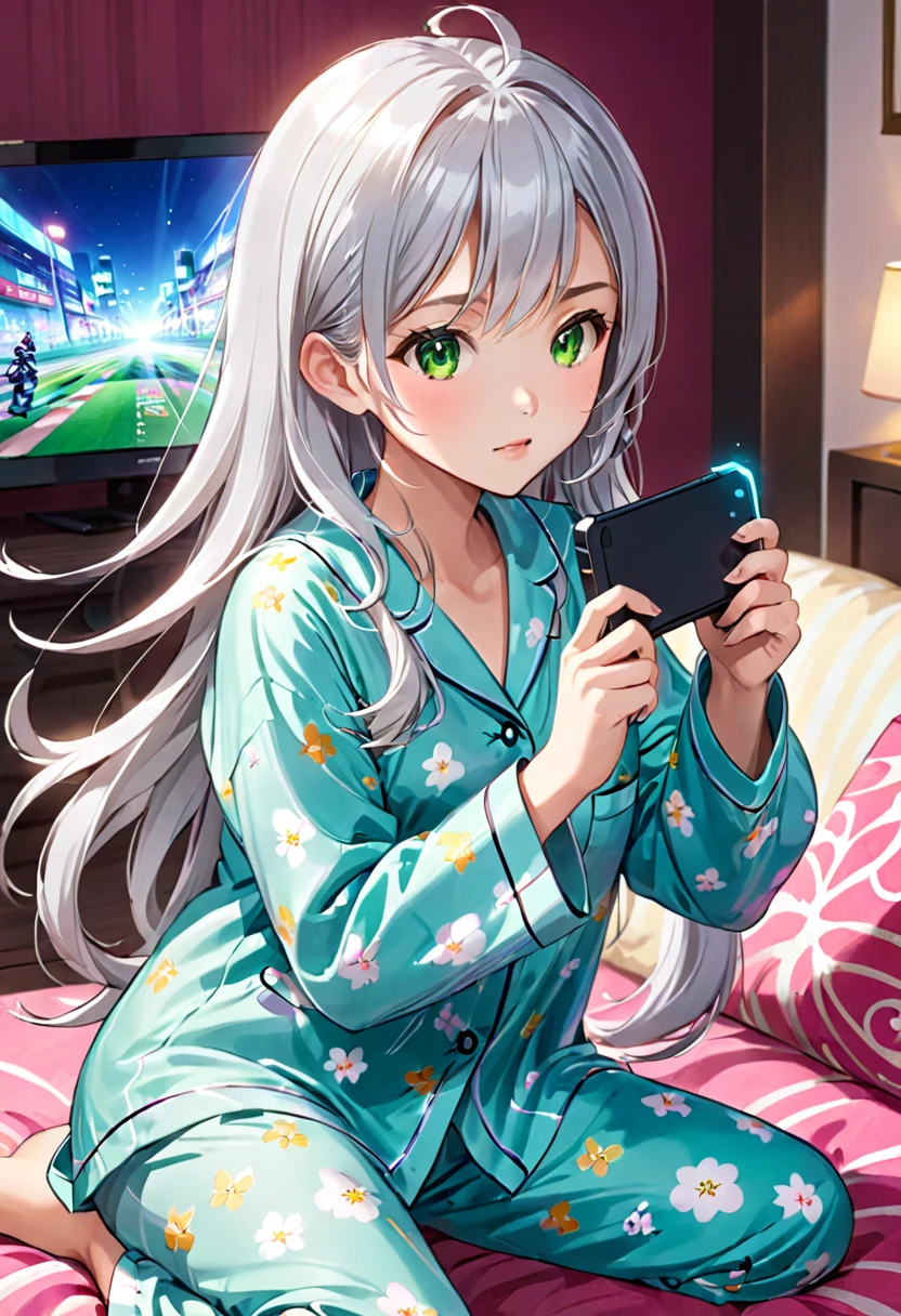 Beautiful asian woman, long silver hair, green eyes, cute pajamas, playing a handheld video game, competitive gaming, anime style