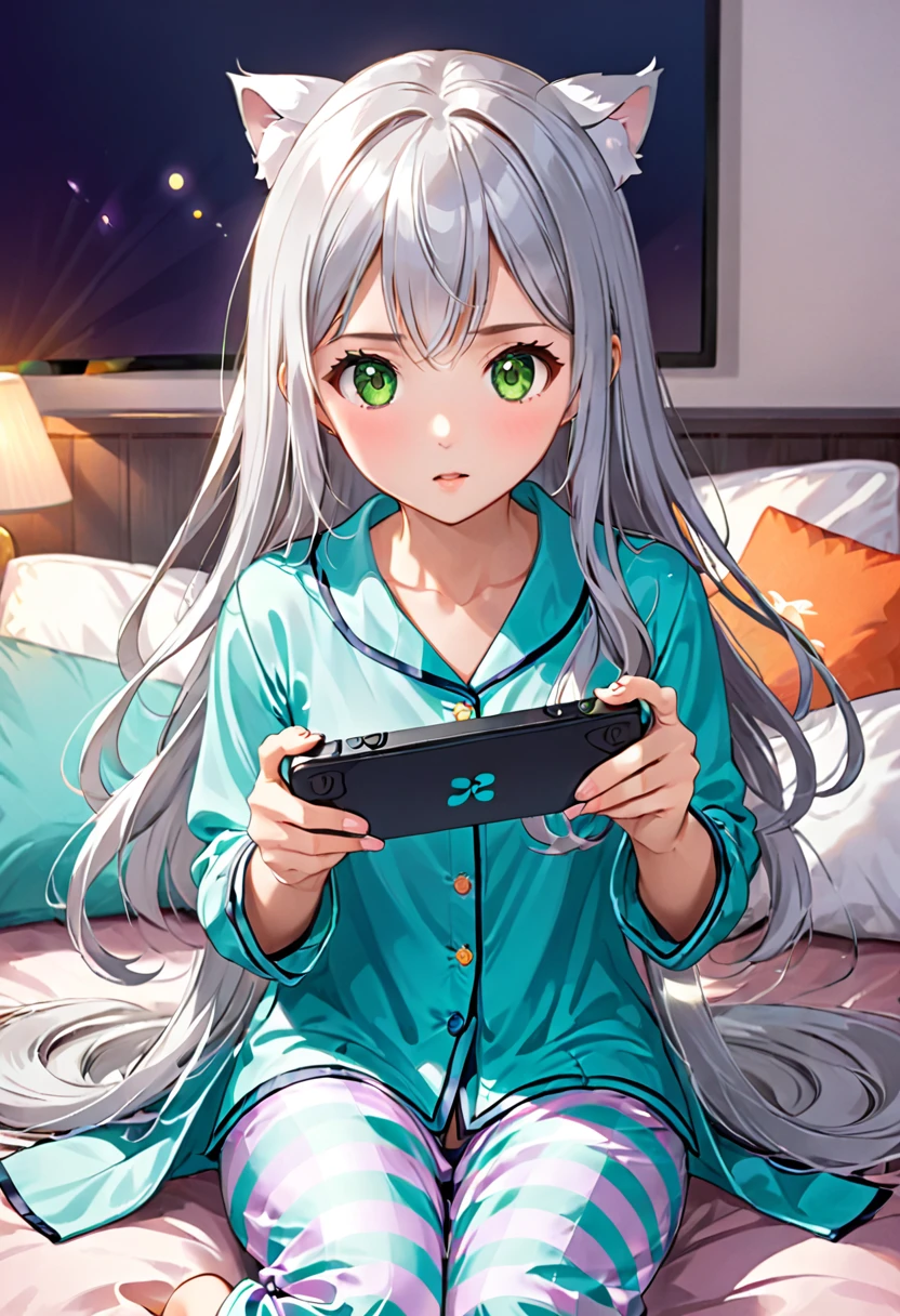 Beautiful asian woman, long silver hair, green eyes, cute pajamas, playing a handheld video game, competitive gaming, anime style