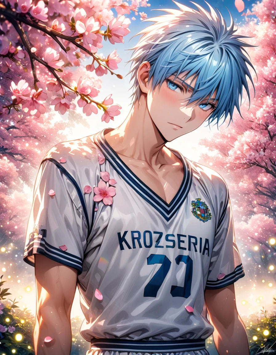 Ultra detailed, highres, absurdres, HDR, master piece, Kuroko Tetsuya, light blue hair, expressive light blue eyes, Kuroko No Basket, fantasy, pink petals, pink flowers, handsome, sexy man, solo, best quality, blossoms, blue shining fireflies, white basketball clothes, the word "Krozseria" is written on his shirt
