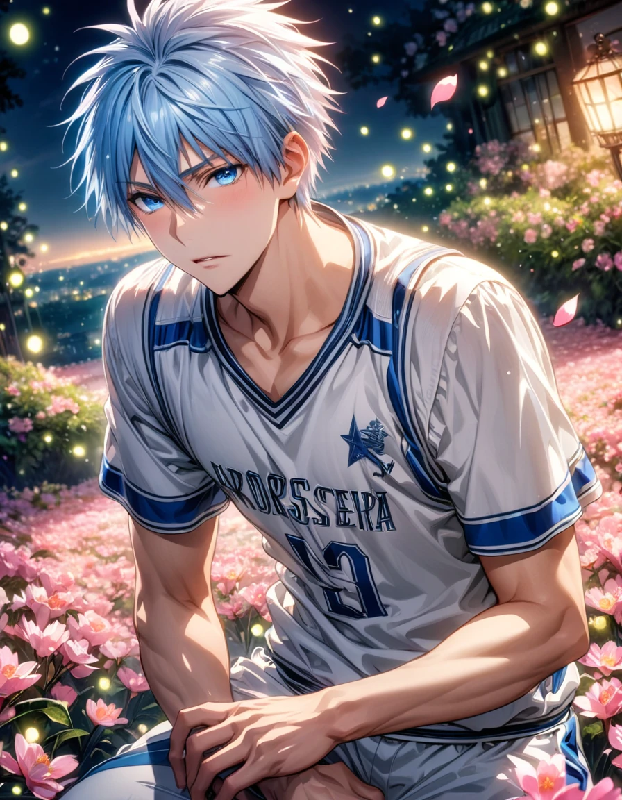 Ultra detailed, highres, absurdres, HDR, master piece, Kuroko Tetsuya, light blue hair, expressive light blue eyes, Kuroko No Basket, fantasy, pink petals, pink flowers, handsome, sexy man, solo, best quality, blossoms, blue shining fireflies, white basketball clothes, the word "Krozseria" is written on his shirt