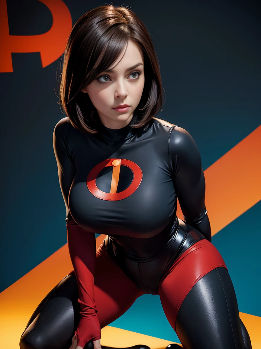 Elastigirl cabelo castanho curto olhos claros terno azul