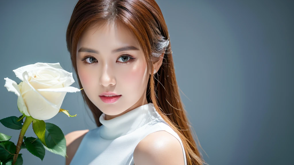 a white rose and female,(detailed face),VIVID,pretty,sleeveless and turtle neck white silky clothes,4k ,super high resolution ,(photo-realistic: 1.7), white background,long hair,
