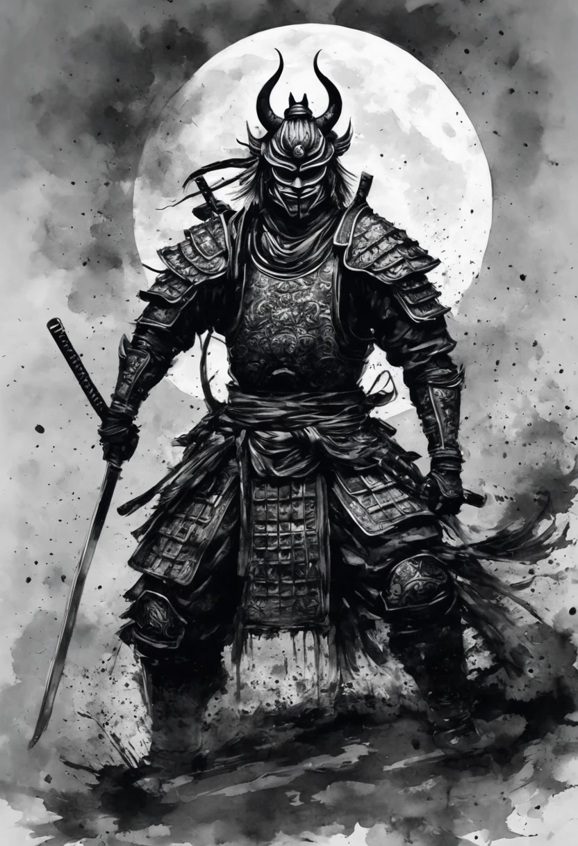Black and white painting,Ink Painting,Draw a crescent moon with brush splashes,Warrior,Muscular,(hannya face mask:1.2,samurai armor:1.2),(Crescent moon placket,Armor:1.2),Japanese Armor Horseback Rider,
