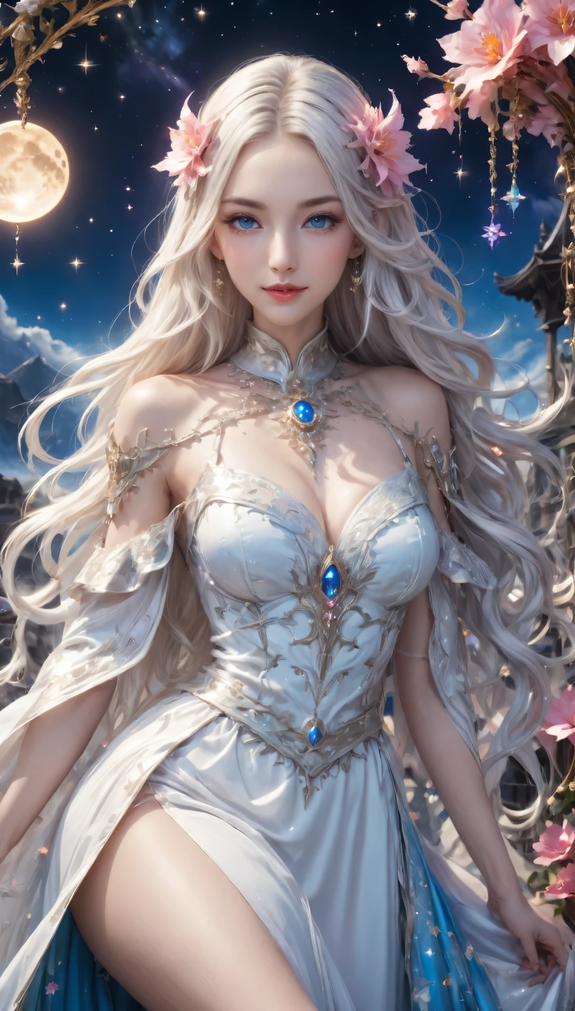 8K resolution, masterpiece, Highest quality, Award-winning works, unrealistic, From above, erotic, sole sexy lady, healthy shaped body, Anatomically accurate skeleton, 22 years old, white mage, 170cm tall, huge firm bouncing busts,, white silver long wavy hair, Detailed facial depictions, Break, Mysterious blue eyes, Standard nose, Eyeliner, pink lips, sexy long legs, Clear skin, white mage, A gorgeous long walking stick in seven colors, Delicate depiction of clothing, Gothic , Gothic ruffle long dress, A dress with a complex structure, lace fabric dresses, Seven-colored colorful dress, Clothed in flames, royal coat of arms, elegant, Very detailed, Delicate depiction of hair, miniature painting, Digital Painting, artステーションコンセプトart, Smooth, Sharp focus, shape, artジャム、Greg Rutkowski、Alphonse Mucha、William Adolphe Bouguereau、art：Stephanie Law , Royal Jewel, nature, Symmetric, Greg Rutkowski, Charlie Bowwater, Unreal, Surreal, Dynamic Lighting, ファンタジーart, Complex colors, Colorful magic circle, flash, dynamic sexy poses, A kind smile, Mysterious Background, Aura, A gentle gaze, BREAK, Small faint lights and flying fireflies, night, lanthanum, 山の頂From above下界を見下ろす, Starry Sky, milky way, nebula, shooting star, Flowers, birds, wind and moon, (Back view, Looking back towards the camera:1.3), healing magic, A pillar of light stretching to the sky, Laser beam, Climb the stairs to heaven