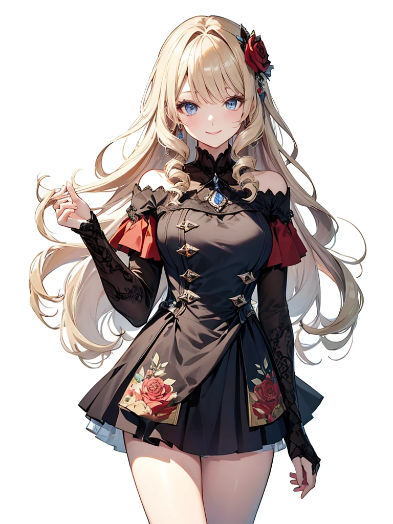masterpiece, Highest quality, High resolution, sa1, Floral off-shoulder dress, Sparkling eyes, False eyelashes,A kind smile, Platinum blonde drill hair, Adult atmosphere, Rose,