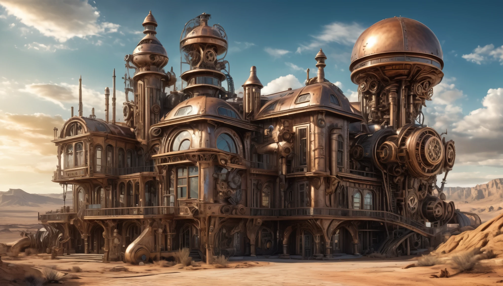 A steampunk-style mansion with intricate metallic details, gears, and steam-powered elements, set in a similar barren landscape. HR Giger Style, Hyper realistic photo, 16k, vibrant colors