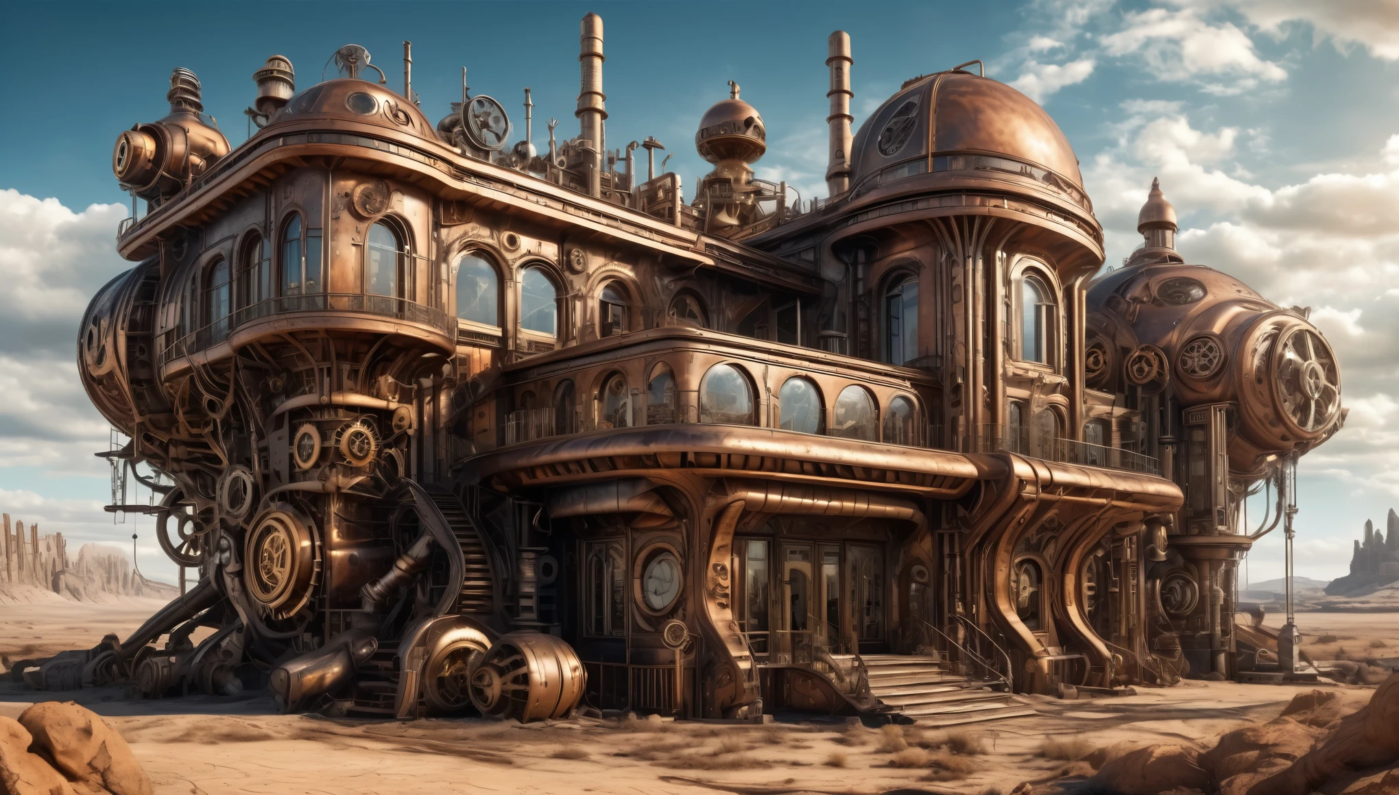 A steampunk-style mansion with intricate metallic details, gears, and steam-powered elements, set in a similar barren landscape. HR Giger Style, Hyper realistic photo, 16k, vibrant colors