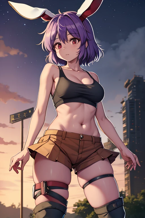 1Girl, Touhou, Reisen Inaba, Rainforest backgorund, red eyes color, short hair, purple light hair color, Military pattern pants, dark brown boots, Female military tanktop (dirty), wide shot, full body, standing