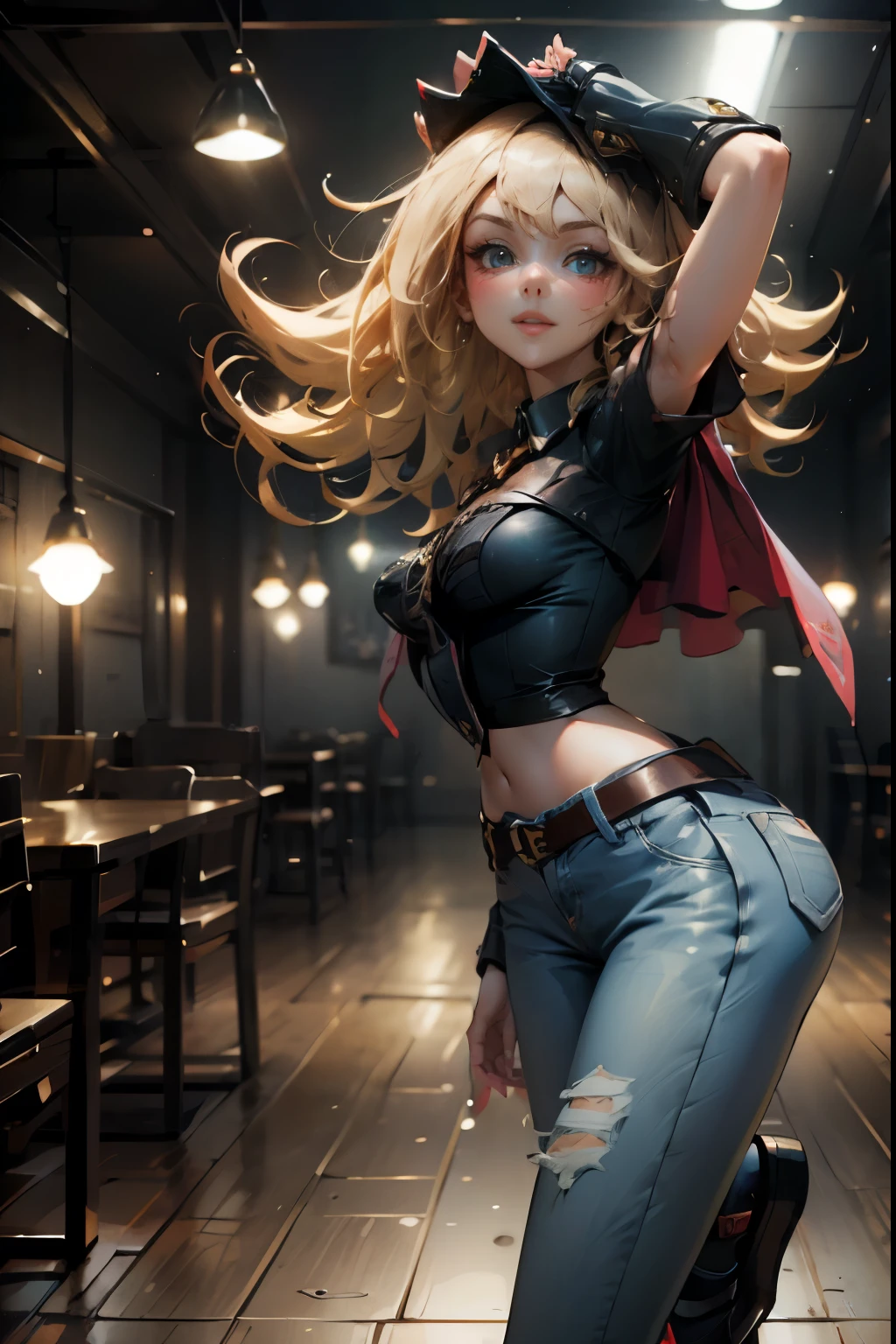 Beautiful dark magician gils waving, smiles and is flirtatious. She is wearing dark, tight jeans and heels . Dark jeans and gold heels. pose sexy