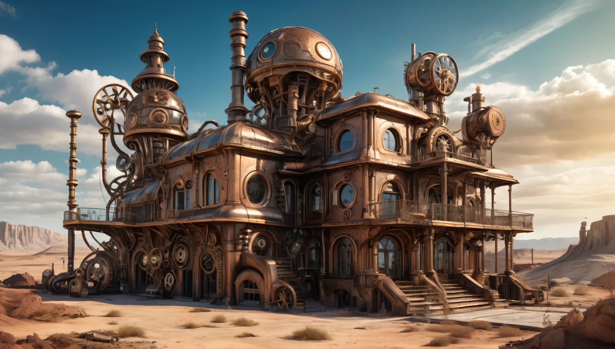 A steampunk-style mansion with intricate metallic details, gears, and steam-powered elements, set in a similar barren landscape. HR Giger Style, Hyper realistic photo, 16k, vibrant colors