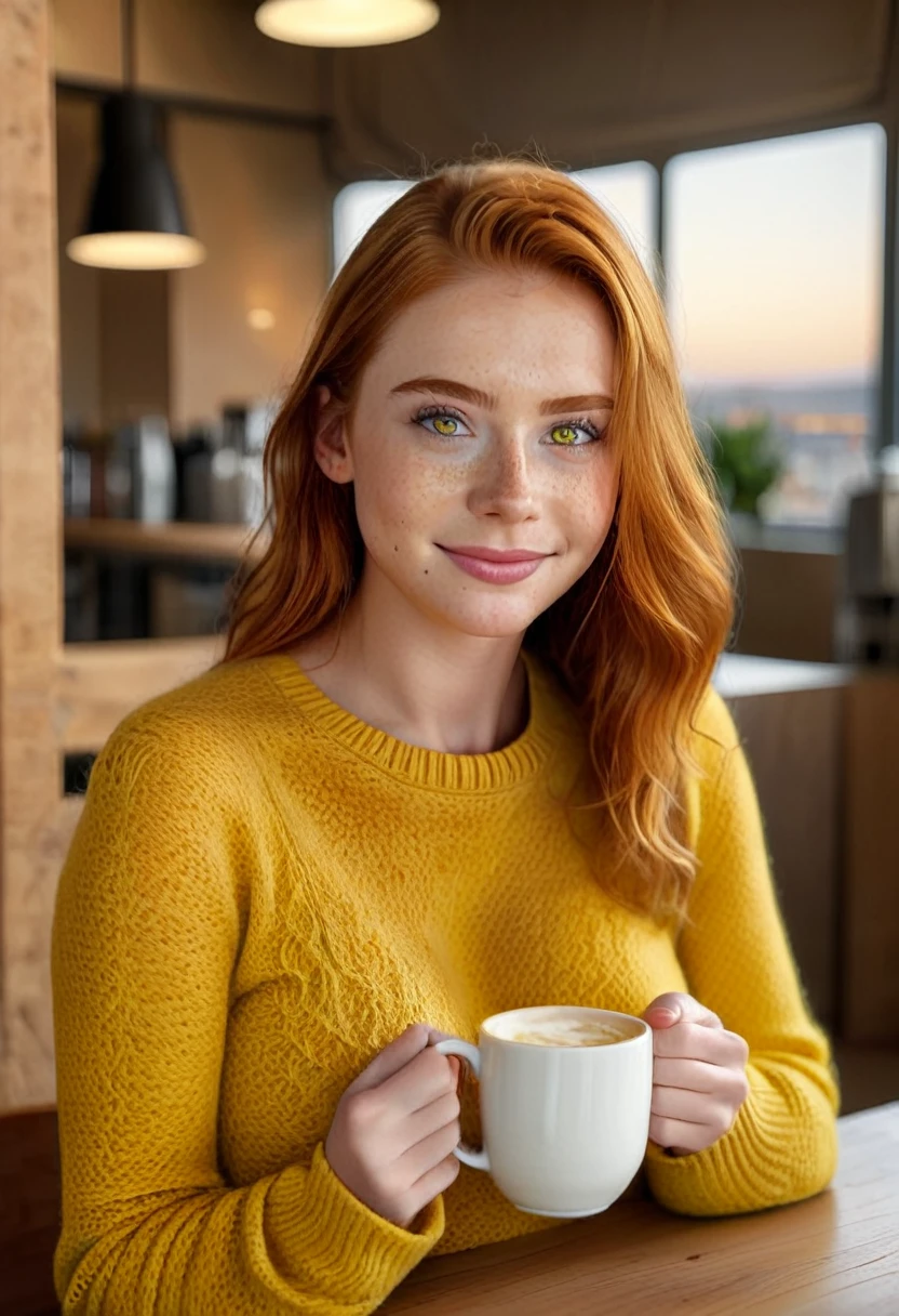 Cute beautiful ginger woman with freckles with yellow sweater (Drinking coffee in a modern café at sunset), muito detalhado, 19 years old, innocent face, naturally wavy hair, green eyes, high-res, ​masterpiece, best qulaity, Intricate detailing, muito detalhado, sharp focus, detailed skin, realistie Hauttextur, Textur, detailled eyes, professional, 4K, charming smile, taken with Canon, 85 mm, light depth of field, Kodak Vision Color, perfectly fitting body, extremely detail, photoshot_\(ultra\), fotorealisti, realisti, Post processing, maximum details, roughness, real life, ultrarealisti, photoshotrealismus, photoshotgrafie, 8K UHD, photoshotgrafie