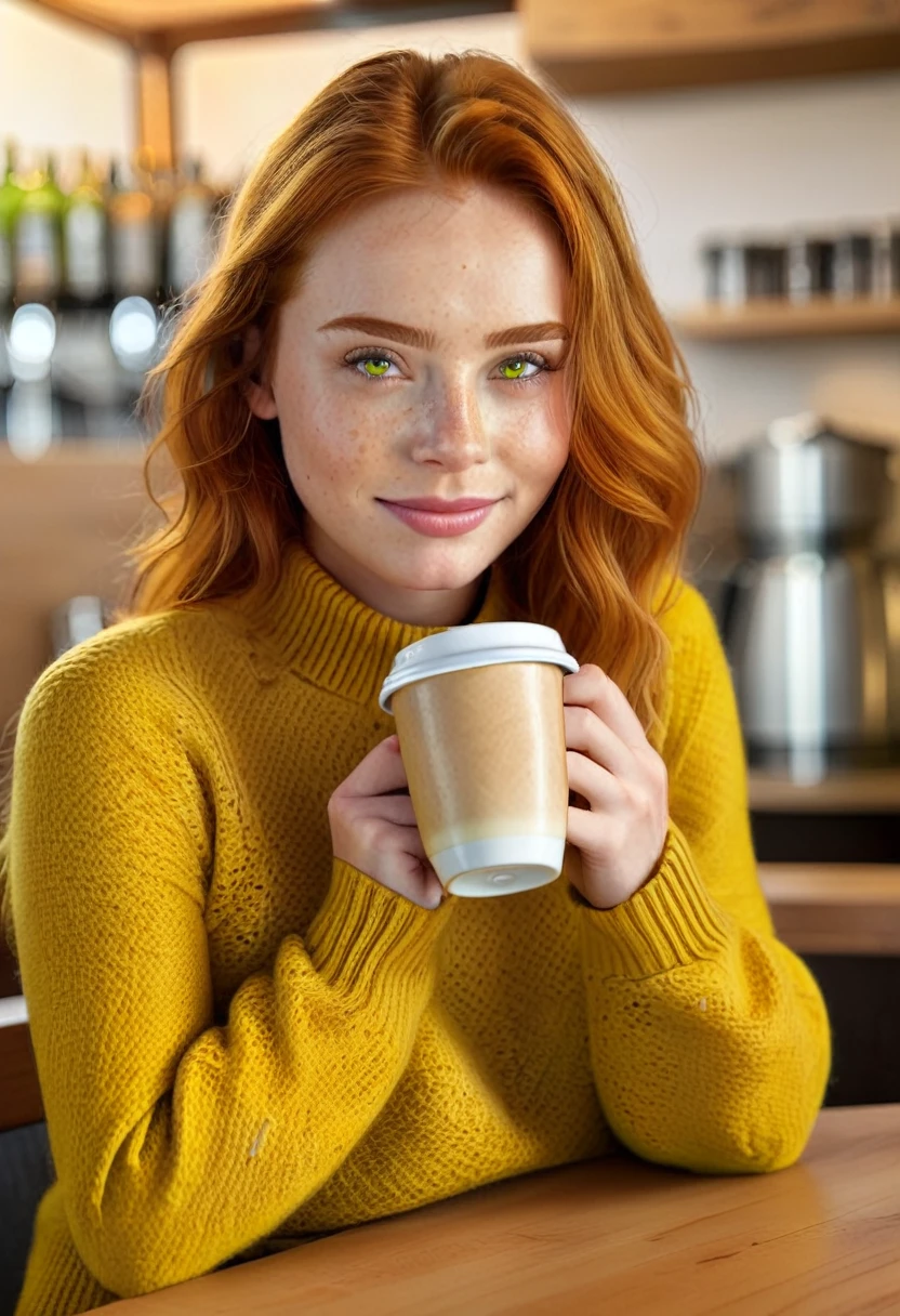 Cute beautiful ginger woman with freckles with yellow sweater (Drinking coffee in a modern café at sunset), muito detalhado, 19 years old, innocent face, naturally wavy hair, green eyes, high-res, ​masterpiece, best qulaity, Intricate detailing, muito detalhado, sharp focus, detailed skin, realistie Hauttextur, Textur, detailled eyes, professional, 4K, charming smile, taken with Canon, 85 mm, light depth of field, Kodak Vision Color, perfectly fitting body, extremely detail, photoshot_\(ultra\), fotorealisti, realisti, Post processing, maximum details, roughness, real life, ultrarealisti, photoshotrealismus, photoshotgrafie, 8K UHD, photoshotgrafie