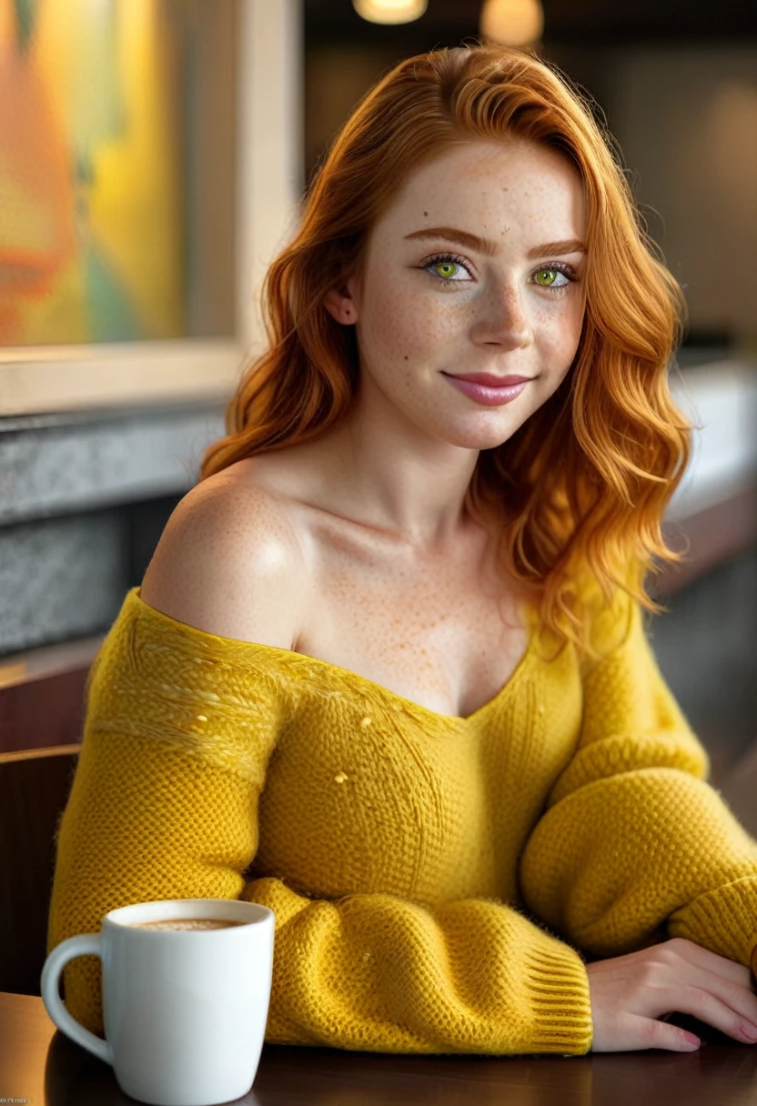 Cute beautiful ginger woman with freckles with yellow sweater (Drinking coffee in a modern café at sunset), muito detalhado, 19 years old, innocent face, naturally wavy hair, green eyes, high-res, ​masterpiece, best qulaity, Intricate detailing, muito detalhado, sharp focus, detailed skin, realistie Hauttextur, Textur, detailled eyes, professional, 4K, charming smile, taken with Canon, 85 mm, light depth of field, Kodak Vision Color, perfectly fitting body, extremely detail, photoshot_\(ultra\), fotorealisti, realisti, Post processing, maximum details, roughness, real life, ultrarealisti, photoshotrealismus, photoshotgrafie, 8K UHD, photoshotgrafie