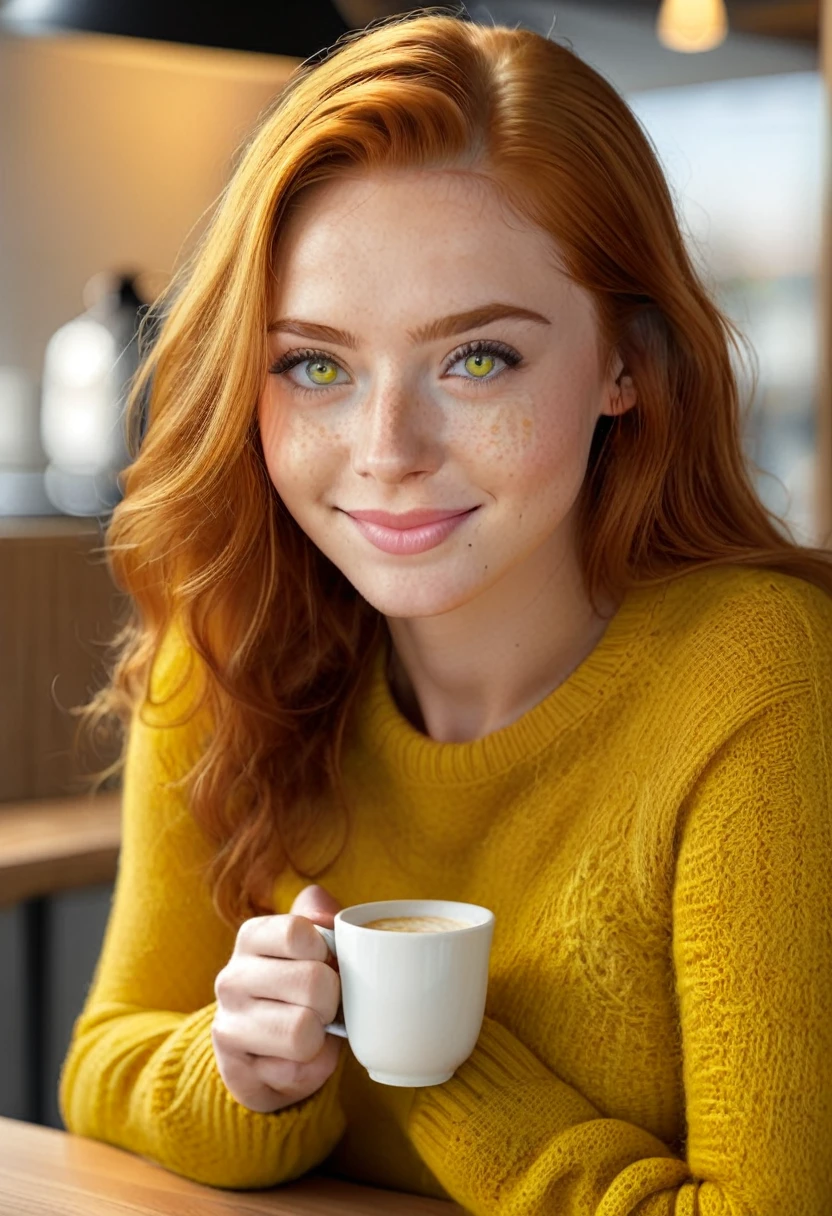 Cute beautiful ginger woman with freckles with yellow sweater (Drinking coffee in a modern café at sunset), muito detalhado, 19 years old, innocent face, naturally wavy hair, green eyes, high-res, ​masterpiece, best qulaity, Intricate detailing, muito detalhado, sharp focus, detailed skin, realistie Hauttextur, Textur, detailled eyes, professional, 4K, charming smile, taken with Canon, 85 mm, light depth of field, Kodak Vision Color, perfectly fitting body, extremely detail, photoshot_\(ultra\), fotorealisti, realisti, Post processing, maximum details, roughness, real life, ultrarealisti, photoshotrealismus, photoshotgrafie, 8K UHD, photoshotgrafie