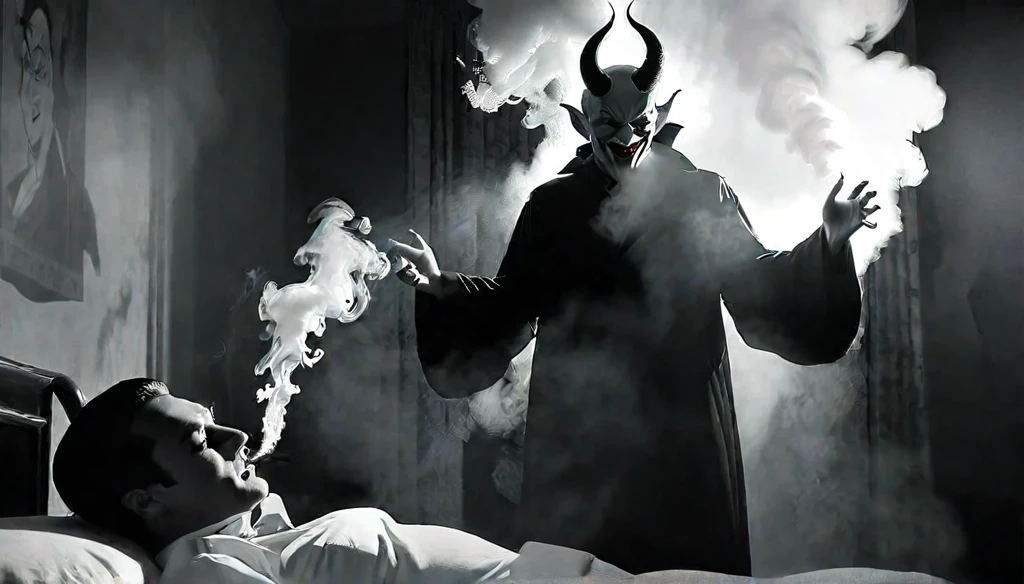 man trying to poke her with a demon at a bed side smoking and drinking,something evil there is smoke in the environment, quality black and white comic style the stage is dark and is in the background are shadow men, gl9wing red contrasting eyes