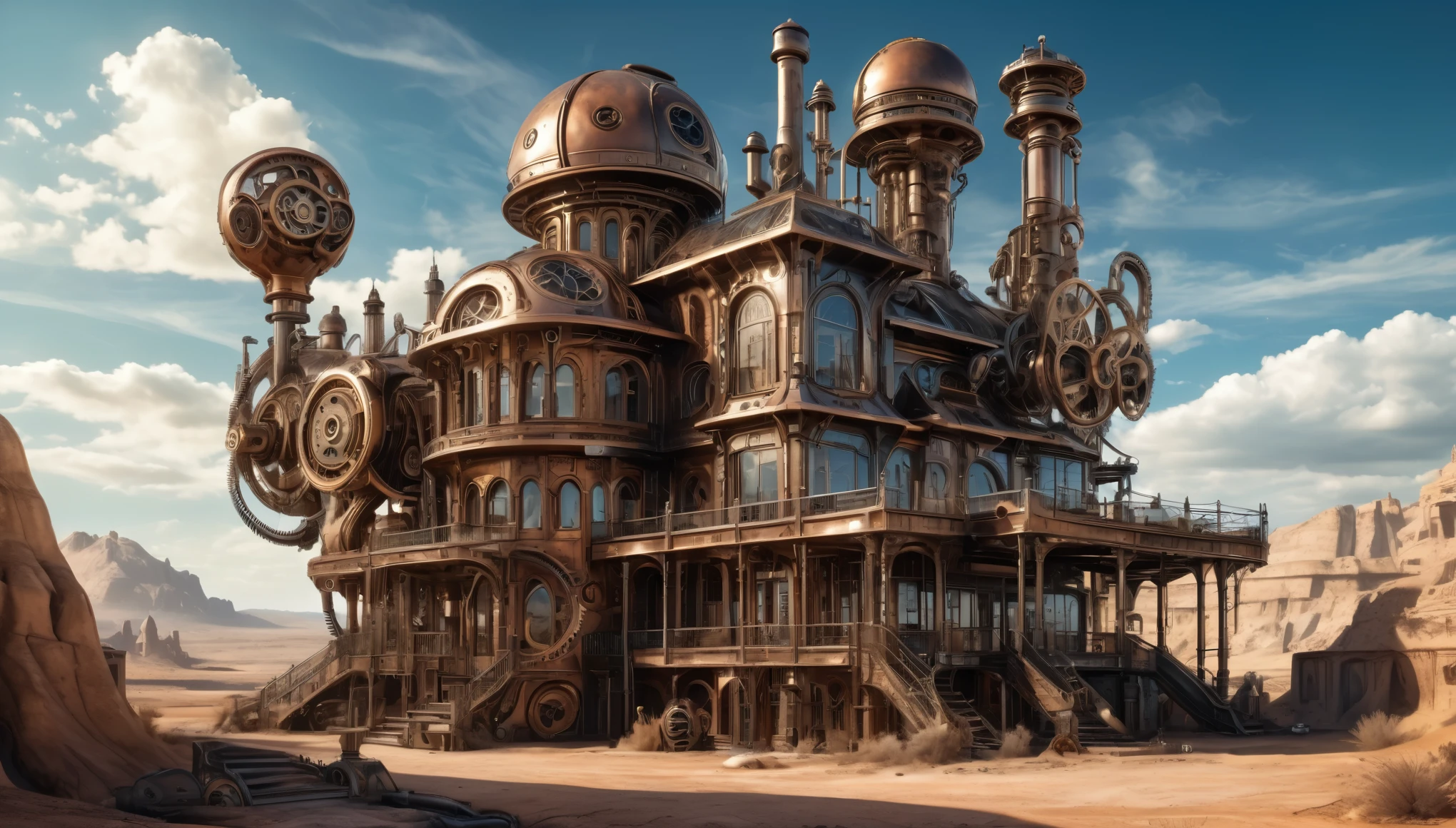 A steampunk-style mansion with intricate metallic details, gears, and steam-powered elements, set in a similar barren landscape. HR Giger Style, Hyper realistic photo, 16k, vibrant colors