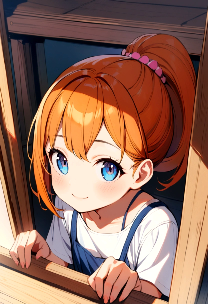 6 girl, orange hair, shoulder length ponytail, pink clip, dark blue eyes, blue spaghetti strap dress, white t-shirt inside. smiling