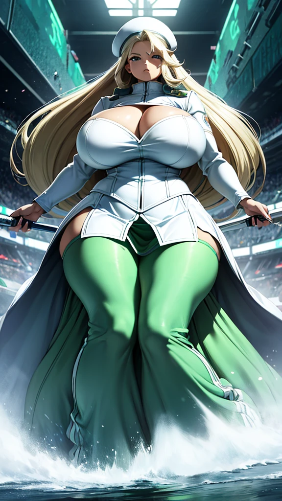 (high detailed)) 27 yo's woman, light cyan hair, Green mini beret, green Pandora's clothes,big And round breasts, gorgeous thicc plump body,angry expression,furious eyes,Green satellizer's outfit,Very long skirt, holding handblade, dynamic pose, action position, perfect anatomy