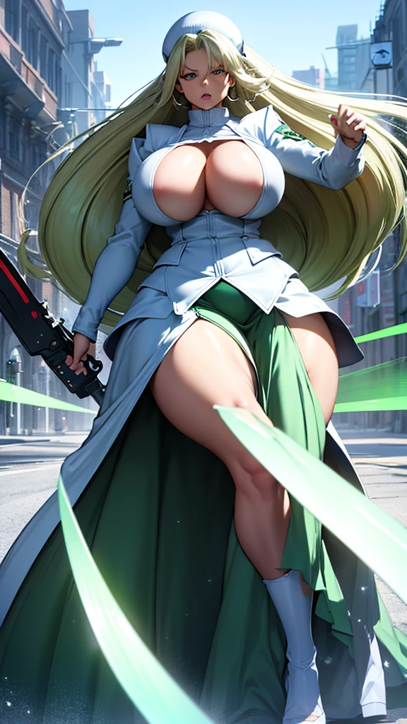 (high detailed)) 27 yo's woman, light cyan hair, Green mini beret, green Pandora's clothes,big And round breasts, gorgeous thicc plump body,angry expression,furious eyes,Green satellizer's outfit,Very long skirt, holding handblade, dynamic pose, action position, perfect anatomy