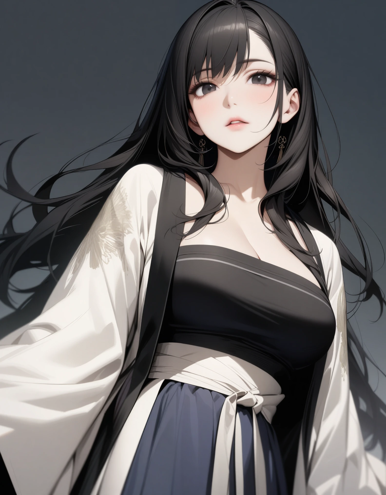Mature big sister,Black long hair,Black tube top,Hanfu,Beautiful black eyes,Extremely detailed,high resolution,Simple background