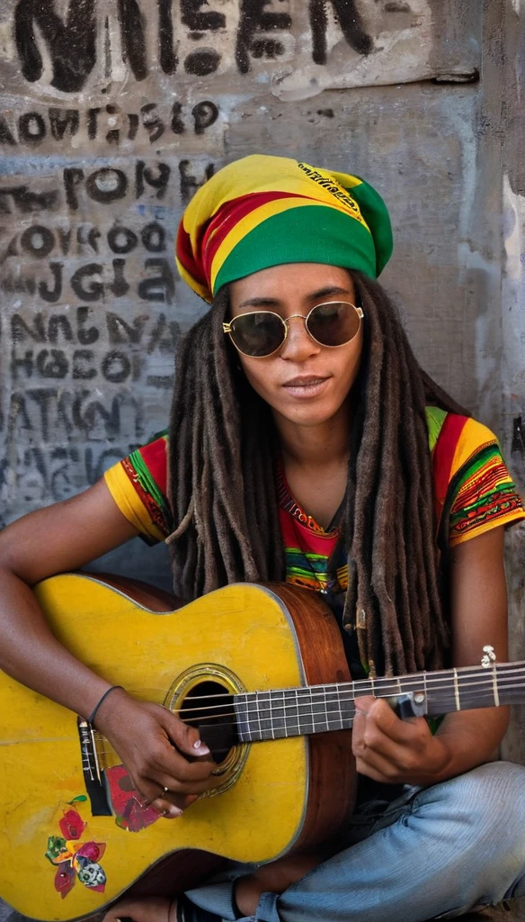 Culture photography, human emotions, reggae vibes, black and white, close up, A beautiful Jamaican girl, with rasta style clothes, long dreadlocks, jamaican bandana, sunglasses on her hair, playing an old acoustic guitar with stickers on a crate, in front of an old wall, natural lighting, high contrast, vintage monochrome 