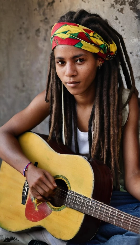 Culture photography, human emotions, reggae vibes, black and white, close up, A beautiful Jamaican girl, with rasta style clothes, long dreadlocks, jamaican bandana, sunglasses on her hair, playing an old acoustic guitar with stickers on a crate, in front of an old wall, natural lighting, high contrast, vintage monochrome