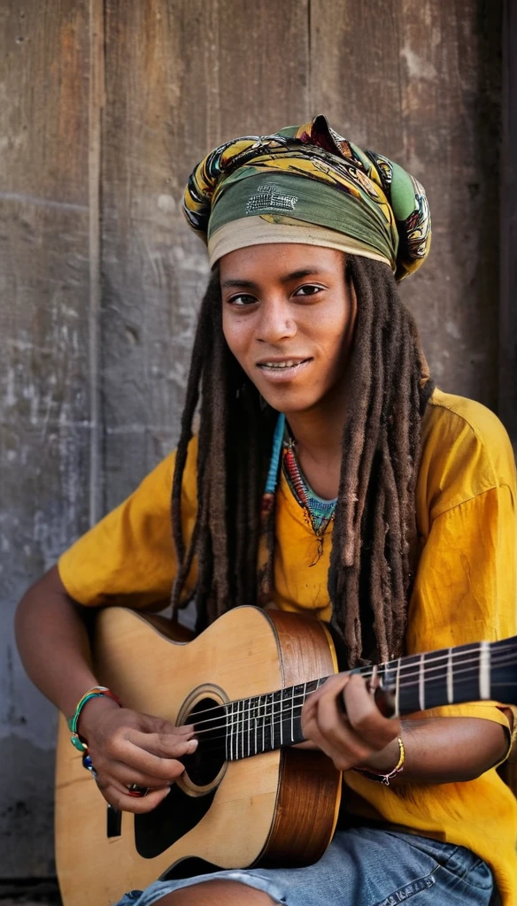 Culture photography, human emotions, reggae vibes, black and white, close up, A beautiful Jamaican girl, with rasta style clothes, long dreadlocks, jamaican bandana, sunglasses on her hair, playing an old acoustic guitar with stickers on a crate, in front of an old wall, natural lighting, high contrast, vintage monochrome