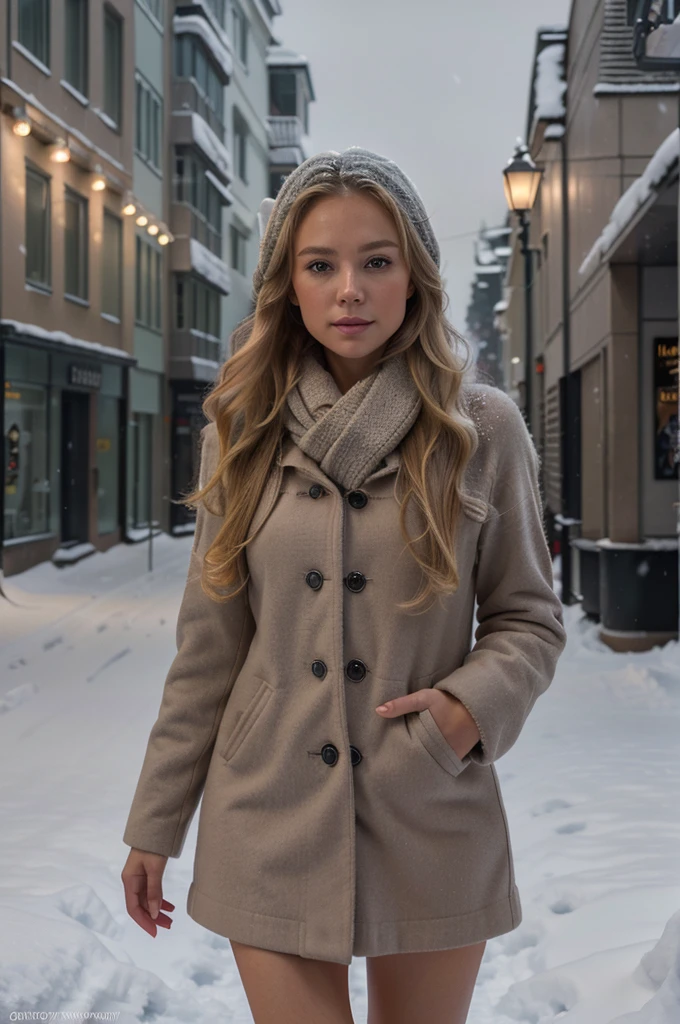 professional portrait photograph of a gorgeous Norwegian girl in winter clothing with long wavy blonde hair, sultry flirty look, gorgeous symmetrical face, cute natural makeup, wearing elegant warm winter fashion clothing, ((standing outside in snowy city street)), stunning modern urban environment, ultra realistic, concept art, elegant, highly detailed, intricate, sharp focus, depth of field, f/1. 8, 85mm, medium shot, mid shot, (((professionally color graded))), bright soft diffused light, (volumetric fog), trending on instagram, hdr 4k, 8k