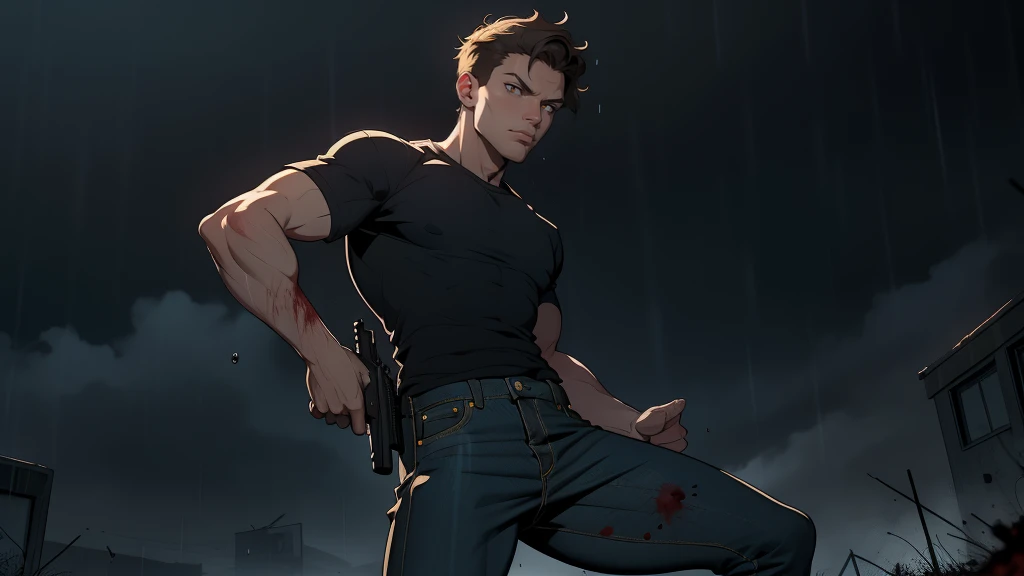 1boy, fluffy butter messy hair, badasss face, yellow eyes, american, wearing a black shirt rolled up sleeves, black jeans, holding a pistol,, best quality, masterpiece, badass pose, rainy background, apocalypse zombie vibe, covered in blood, wind, detailed eyes