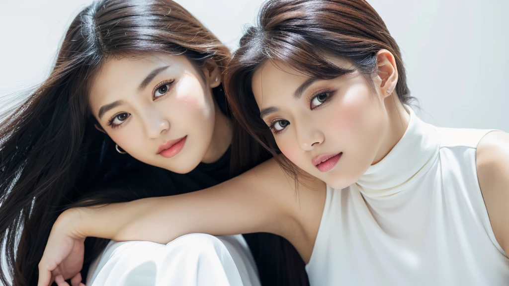 a white rose and female,(detailed face),VIVID,pretty,sleeveless and turtle neck white silky clothes,4k ,super high resolution ,(photo-realistic: 1.7), white background,black long hair,