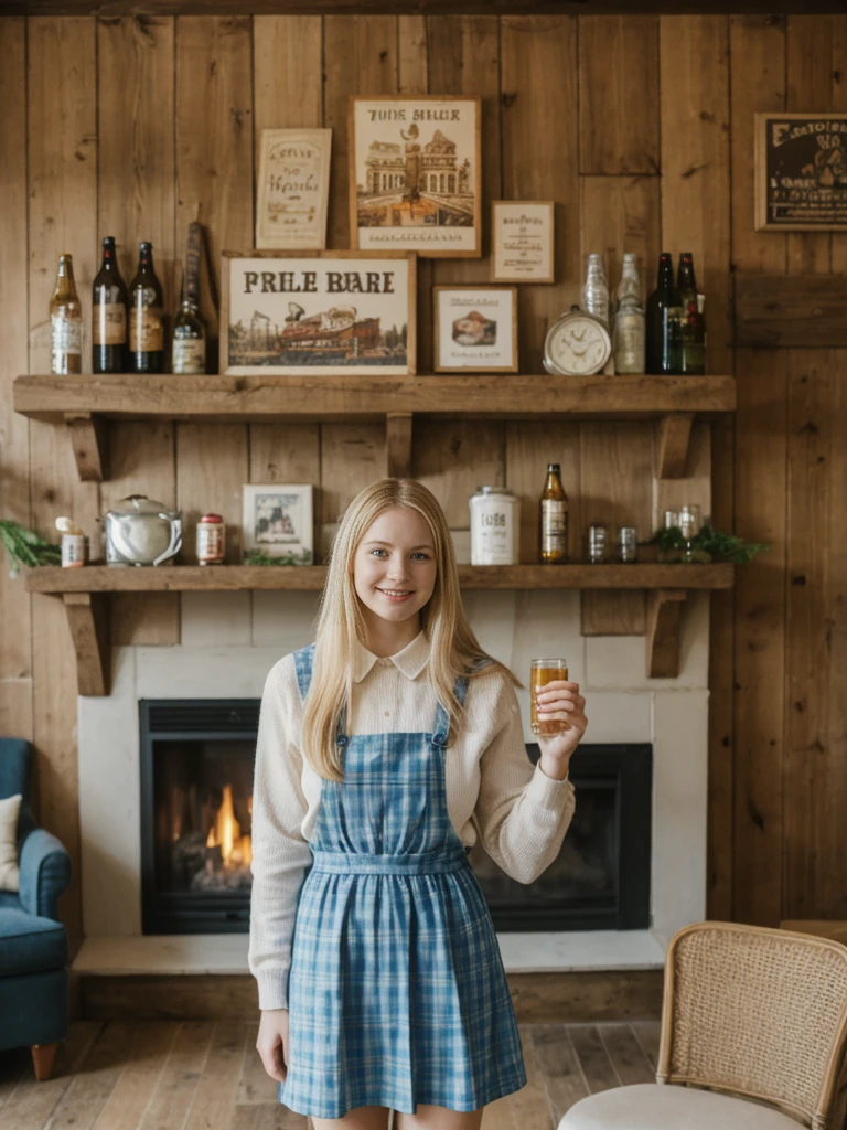 her name is Marie, high quality, 1girl, ((20-year-old fit Caucasian woman)), ((20 years old)), ((fit)), ((pale skin tone)), medium length straight blonde hair , wearing Pastel Sky Blue Plaid Pinafore Dress, pose: standing, background: Detail the cozy atmosphere of a traditional English pub, with its dark wood paneling, crackling fireplace, and shelves lined with vintage beer steins and memorabilia