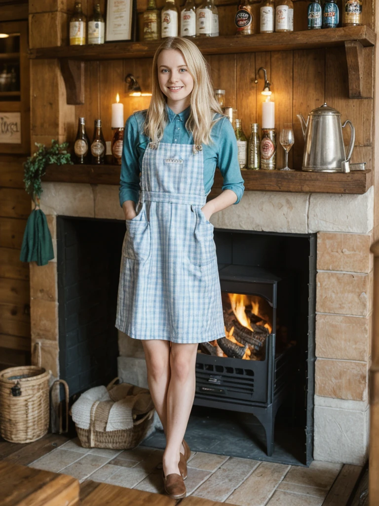 her name is Marie, high quality, 1girl, ((20-year-old fit Caucasian woman)), ((20 years old)), ((fit)), ((pale skin tone)), medium length straight blonde hair , wearing Pastel Sky Blue Plaid Pinafore Dress, pose: standing, background: Detail the cozy atmosphere of a traditional English pub, with its dark wood paneling, crackling fireplace, and shelves lined with vintage beer steins and memorabilia