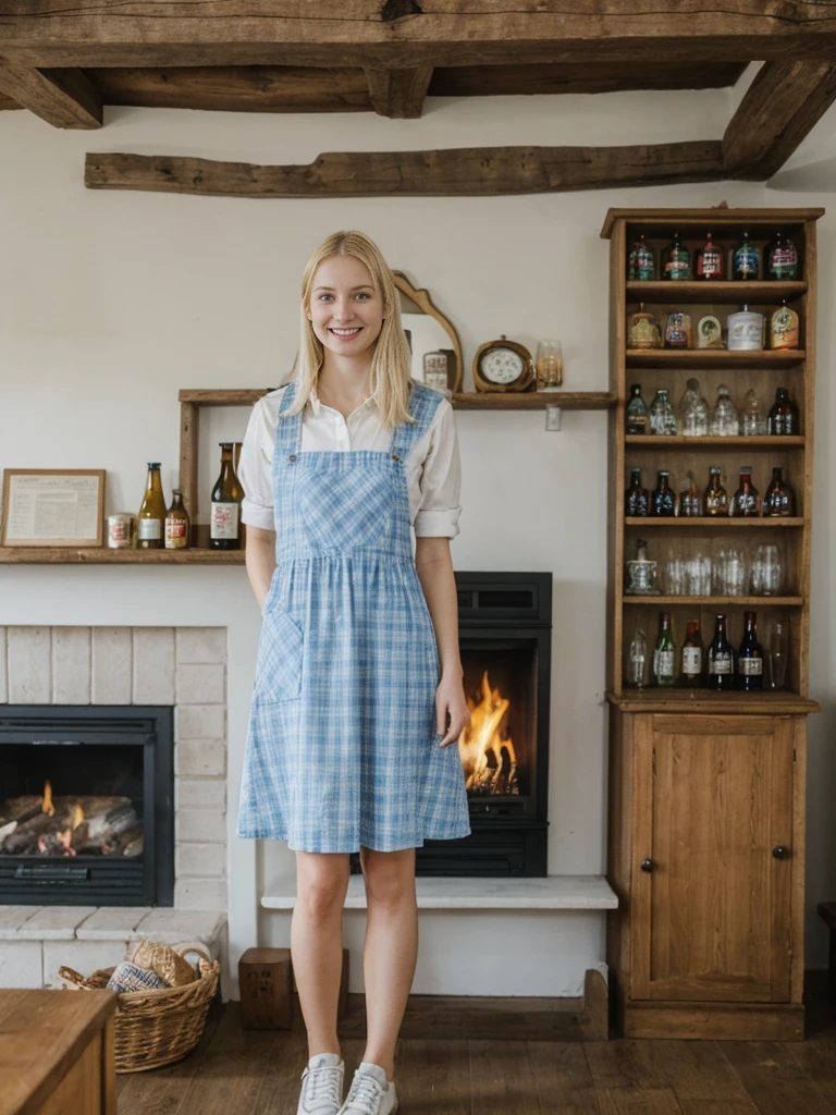 her name is Marie, high quality, 1girl, ((20-year-old fit Caucasian woman)), ((20 years old)), ((fit)), ((pale skin tone)), medium length straight blonde hair , wearing Pastel Sky Blue Plaid Pinafore Dress, pose: standing, background: Detail the cozy atmosphere of a traditional English pub, with its dark wood paneling, crackling fireplace, and shelves lined with vintage beer steins and memorabilia