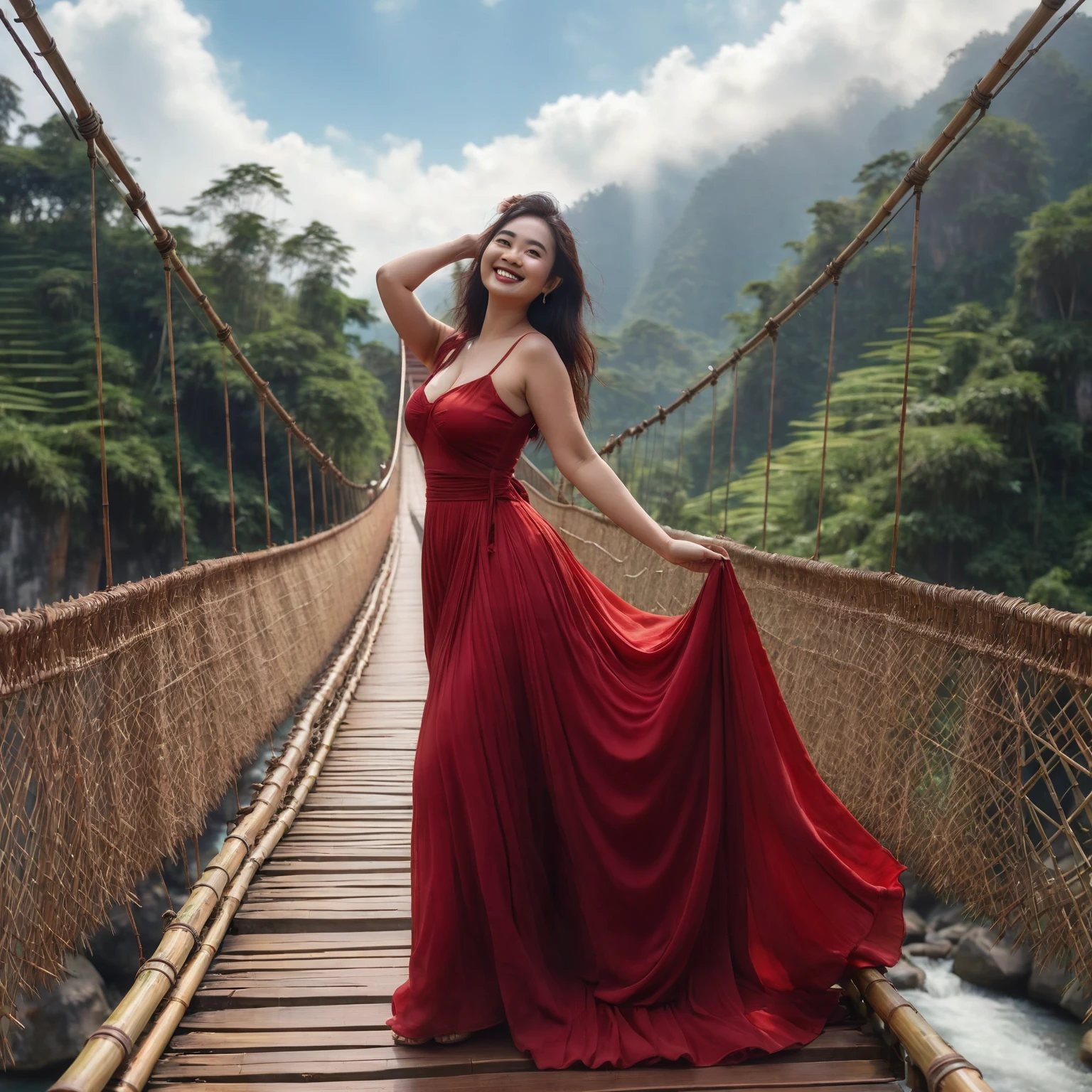 slightly fat Indonesian woman wearing a long red dress standing posing on a suspension bridge made of bamboo, she is happy, smiling, stylish dynamic pose, natural beauty, natural make up, beautiful natural scenery, enchanting blue sky, lens flare, Taken using Sony Alpha α7CR full-frame, photorealistic, UHD 1536px, high quality photo.