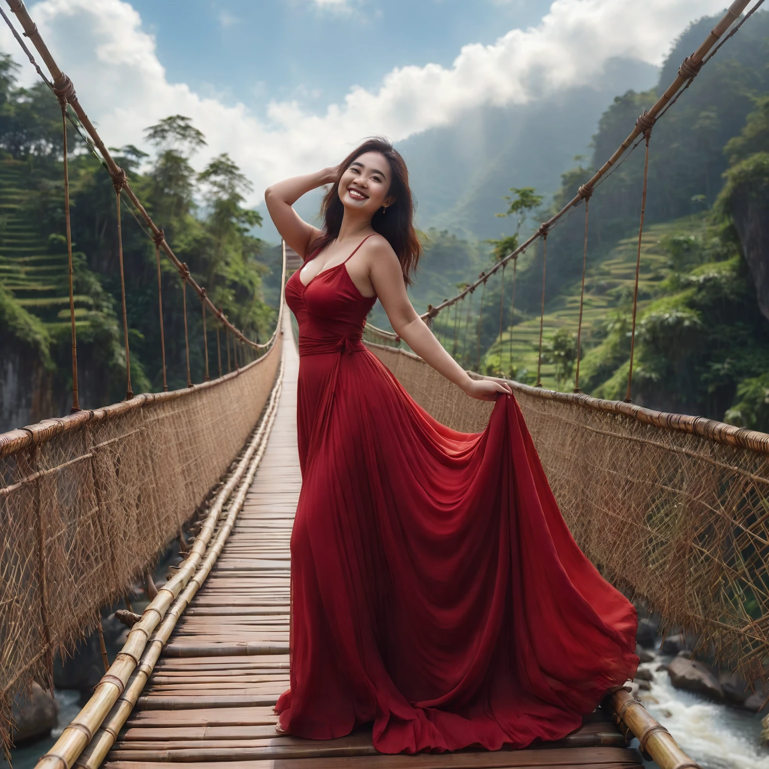 slightly fat Indonesian woman wearing a long red dress standing posing on a suspension bridge made of bamboo, she is happy, smiling, stylish dynamic pose, natural beauty, natural make up, beautiful natural scenery, enchanting blue sky, lens flare, Taken using Sony Alpha α7CR full-frame, photorealistic, UHD 1536px, high quality photo.