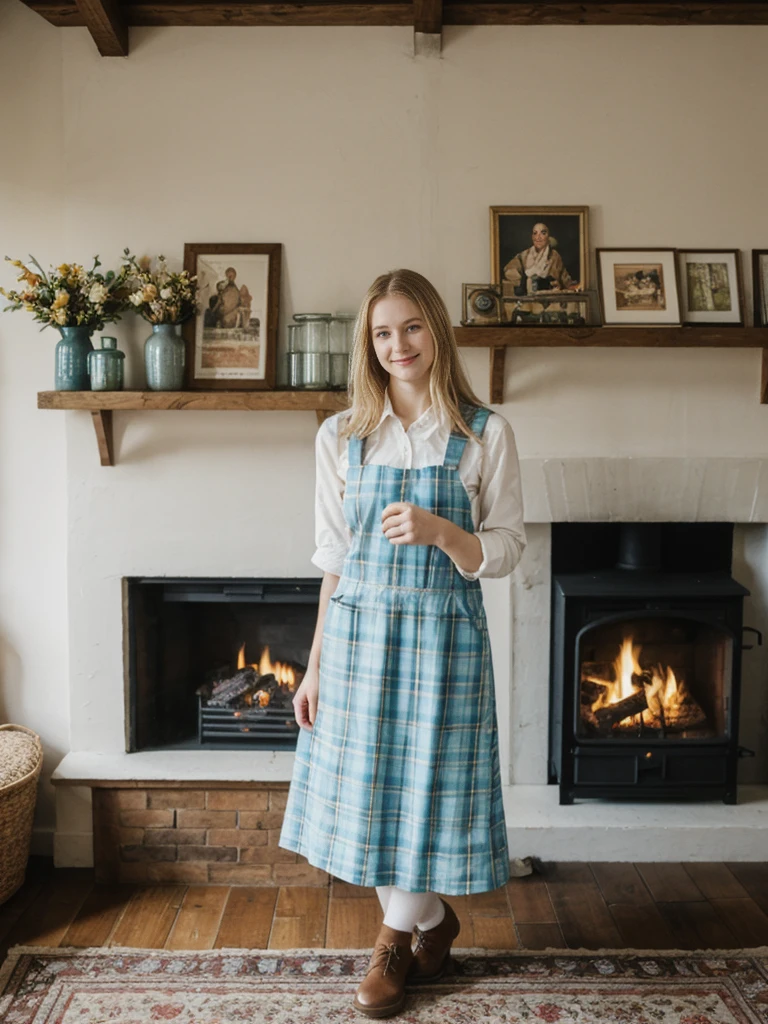 her name is Marie, high quality, 1girl, ((20-year-old fit Caucasian woman)), ((20 years old)), ((fit)), ((pale skin tone)), medium length straight blonde hair , wearing Pastel Sky Blue Plaid Pinafore Dress, pose: standing, background: Detail the cozy atmosphere of a traditional English pub, with its dark wood paneling, crackling fireplace, and shelves lined with vintage beer steins and memorabilia