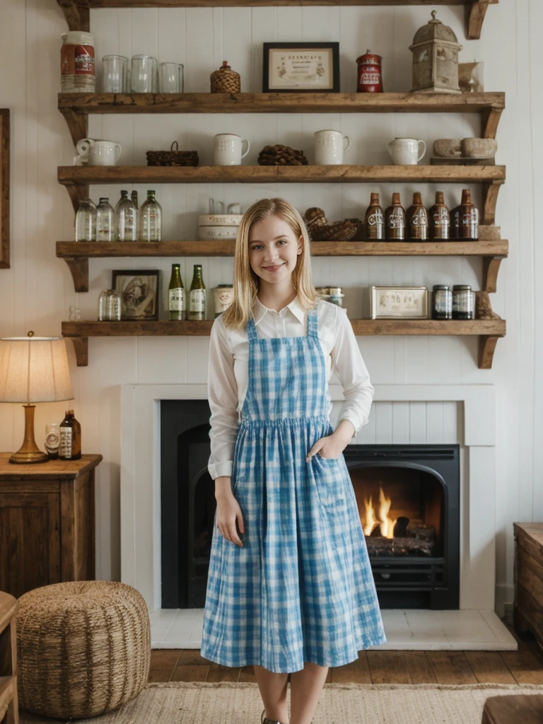 her name is Marie, high quality, 1girl, ((20-year-old fit Caucasian woman)), ((20 years old)), ((fit)), ((pale skin tone)), medium length straight blonde hair , wearing Pastel Sky Blue Plaid Pinafore Dress, pose: standing, background: Detail the cozy atmosphere of a traditional English pub, with its dark wood paneling, crackling fireplace, and shelves lined with vintage beer steins and memorabilia