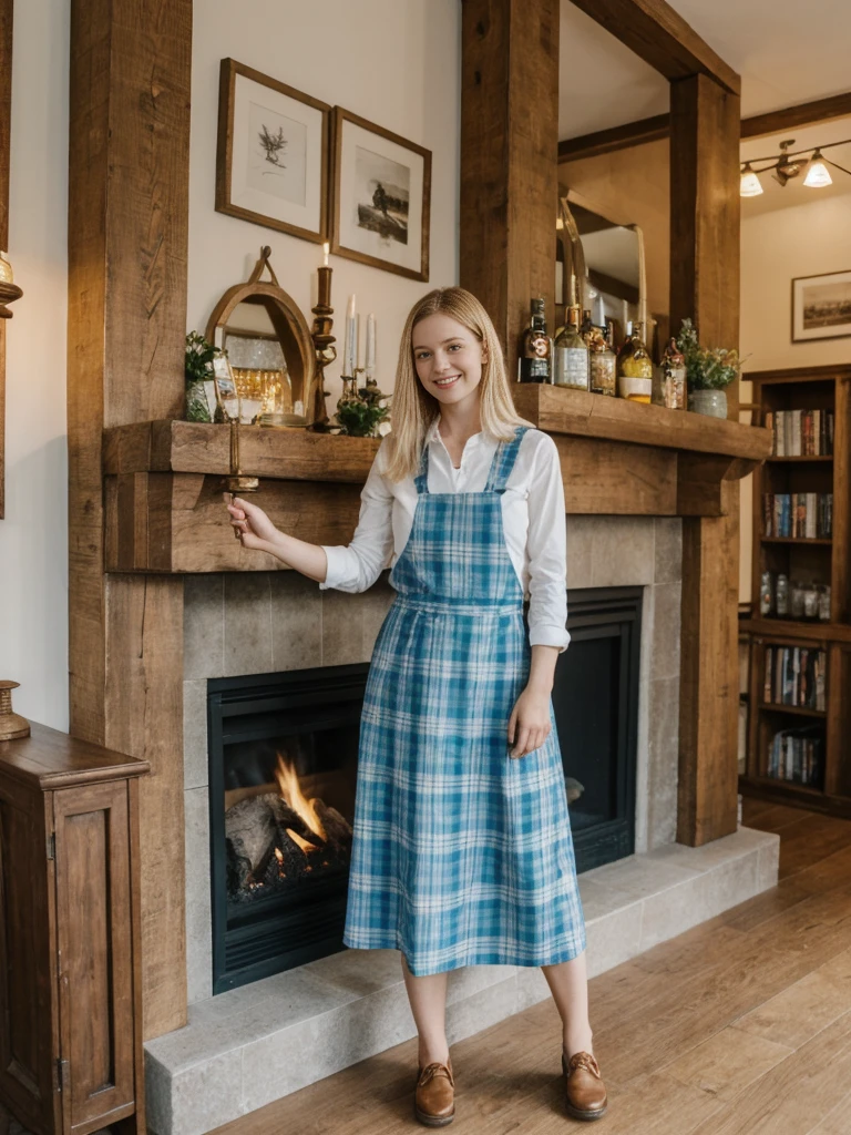 her name is Marie, high quality, 1girl, ((20-year-old fit Caucasian woman)), ((20 years old)), ((fit)), ((pale skin tone)), medium length straight blonde hair , wearing Pastel Sky Blue Plaid Pinafore Dress, pose: standing, background: Detail the cozy atmosphere of a traditional English pub, with its dark wood paneling, crackling fireplace, and shelves lined with vintage beer steins and memorabilia