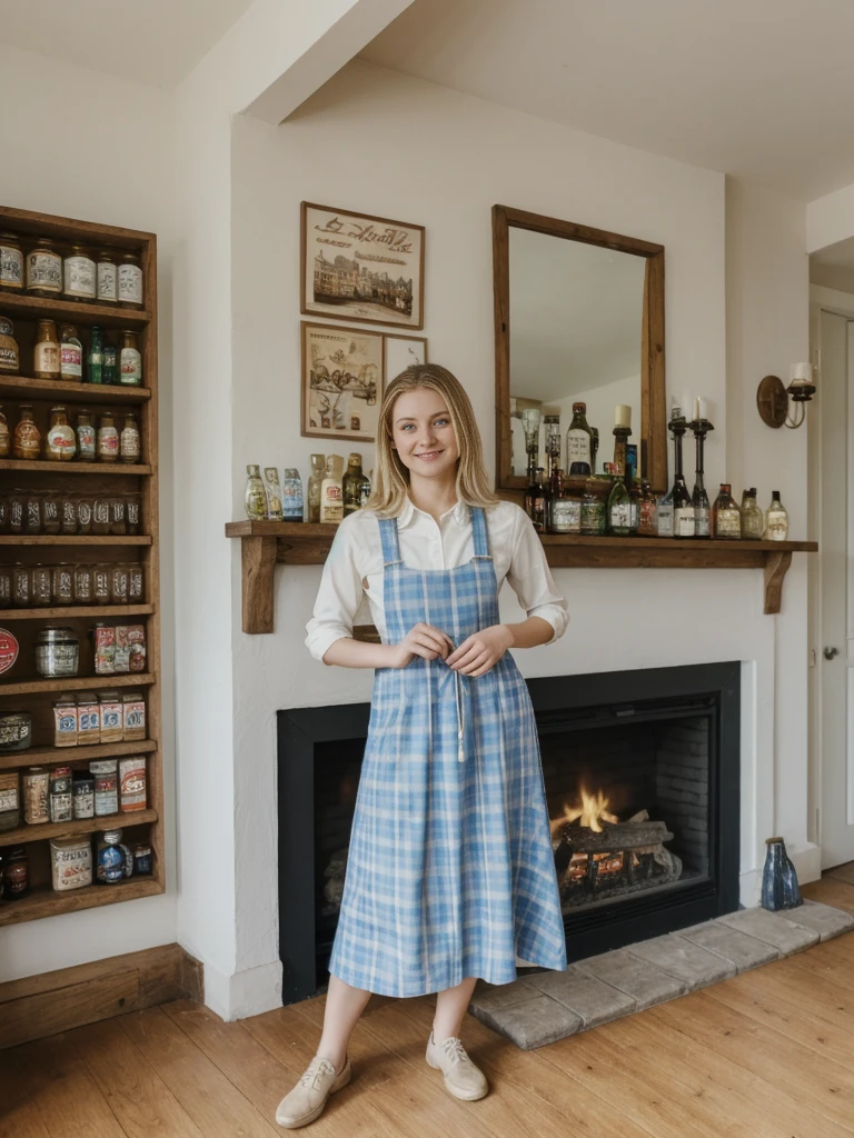 her name is Marie, high quality, 1girl, ((20-year-old fit Caucasian woman)), ((20 years old)), ((fit)), ((pale skin tone)), medium length straight blonde hair , wearing Pastel Sky Blue Plaid Pinafore Dress, pose: standing, background: Detail the cozy atmosphere of a traditional English pub, with its dark wood paneling, crackling fireplace, and shelves lined with vintage beer steins and memorabilia