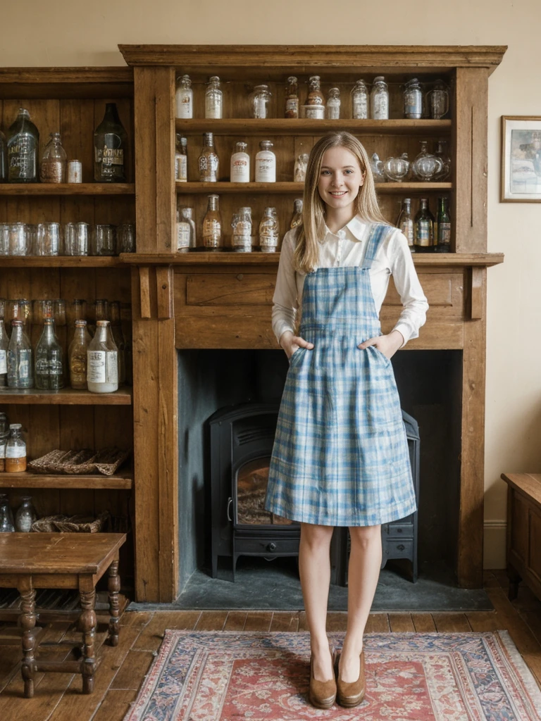 her name is Marie, high quality, 1girl, ((20-year-old fit Caucasian woman)), ((20 years old)), ((fit)), ((pale skin tone)), medium length straight blonde hair , wearing Pastel Sky Blue Plaid Pinafore Dress, pose: standing, background: Detail the cozy atmosphere of a traditional English pub, with its dark wood paneling, crackling fireplace, and shelves lined with vintage beer steins and memorabilia