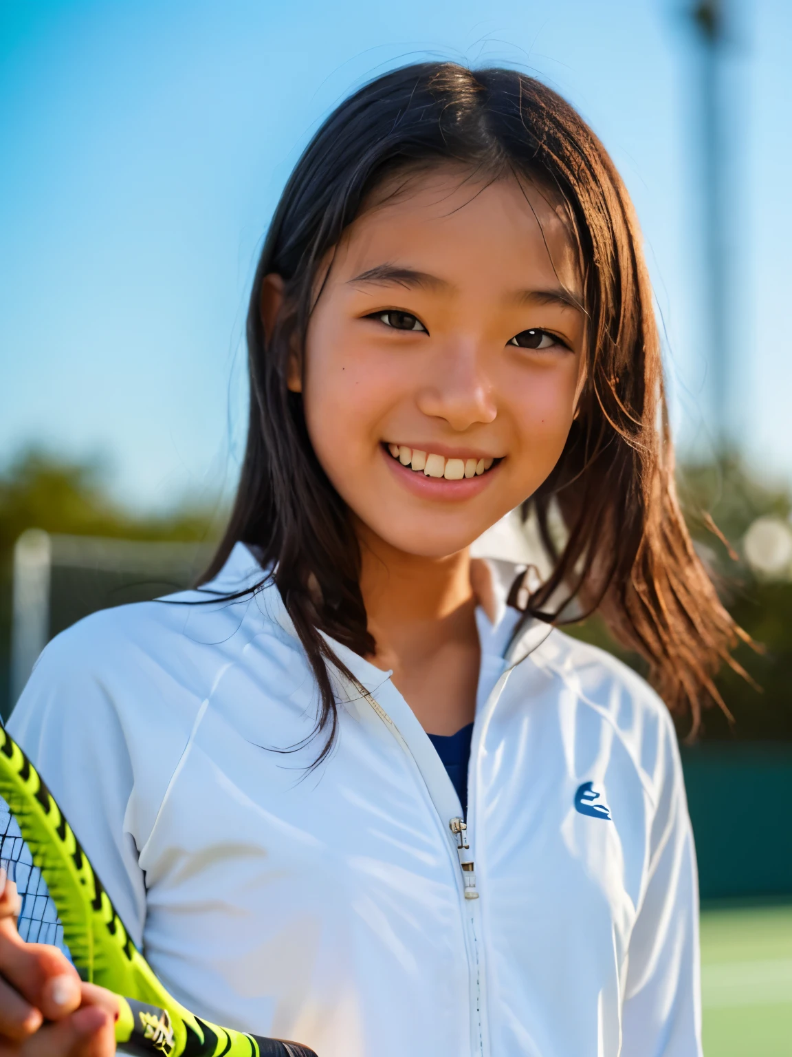 (Highest quality),(RAW Photos), lens: 135mm f1.8, natural  lighting, bokeh, (Japanese girl), 18 year old,  (white tennis wear), (tennis coat), (holding racket), (close-up shot:1.2), (grin), long hair, bangs, (sunlight)