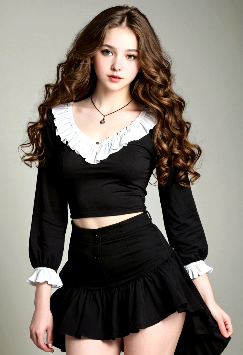 Thick wavy long hair that goes down to the hips, Full body view of a fascinating 17-year-old woman)), ( perfect body_moderate chest, A slender waist, wide pelvis, Beautiful long hair ), ( very beautiful little face_detailed eyes nose mouth ), pale skin, Gorgeous black blouse and white frilly skirt, high heel, elegant portrait, 8K, high resolution, Delicate depictions,