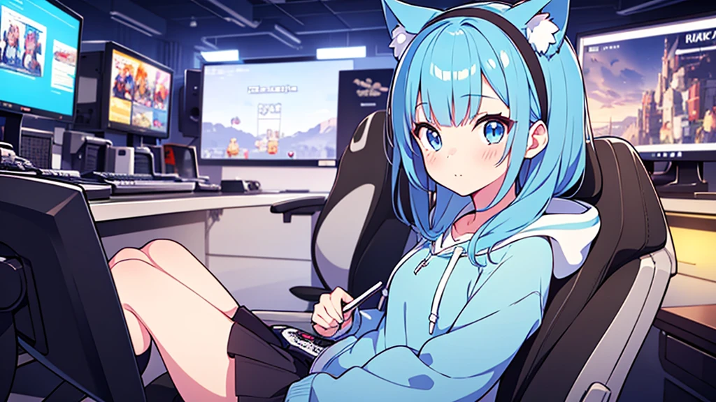 1 beautiful girl, great image quality ,nekomimi, with lots of detail, ray tracing, blush on the cheeks headband on the head in a gaming,outfit hoodie, short pleated mini skirt, gamer, long stockings, blue eyes, blue hair long, , in a neon room, PC gaming, perfect anatomy, 